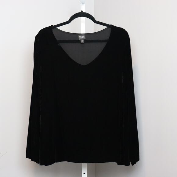 Eileen Fisher Black Velvet V-Neck Long Sleeve Top Size L - Picture 1 of 3